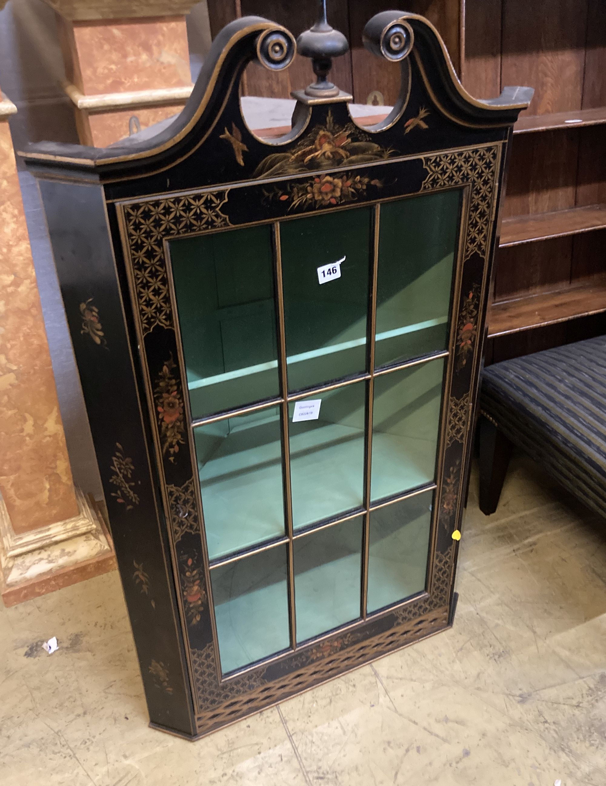 A 1920s chinoiserie lacquer hanging corner cabinet, width 66cm, depth 36cm, height 115cm